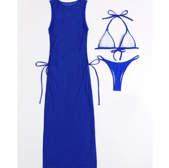 Royal Blue Triangle Bikini Set with Cover Up Dress - Picture 11 of 11